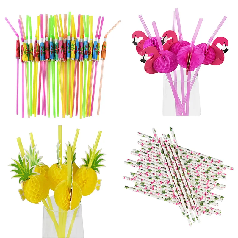 25/50Pcs Mix color Tropical Umbrella Flamingo Pineapple Cocktail Straws Disposable Juice Drinking Straw Hawaii Beach Party Decor