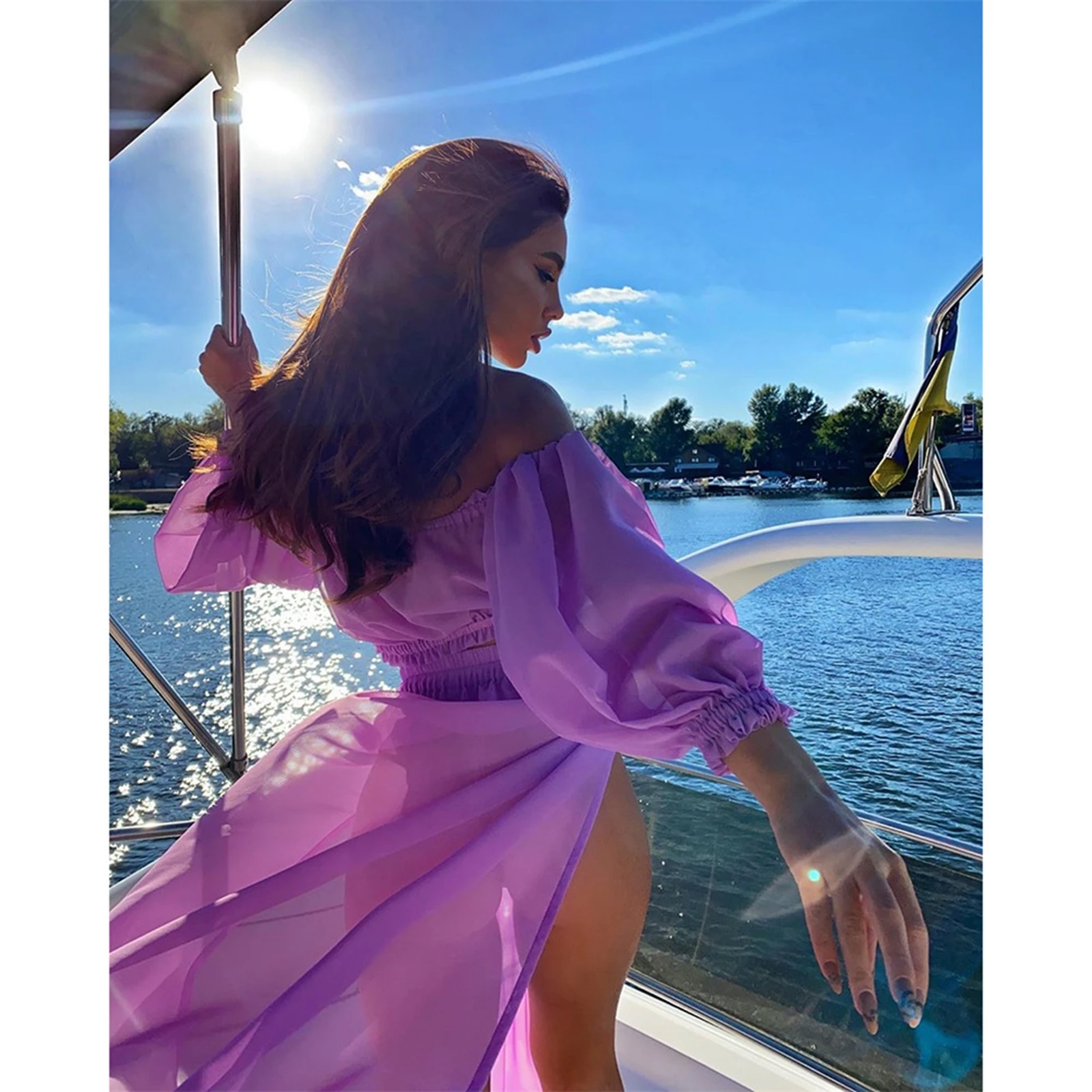 2021 Fashion New Women Bikini Beach Cover Up Long Sleeve Off Shoulder Top Cover Up Skirt Two-piece Suit for Robe Plage Beachwear 4