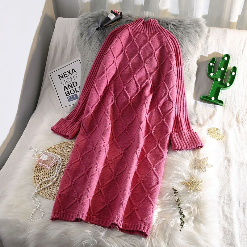 hot pink Водолазка трикотажные женские платья с расклешенными рукавами длиной до колена однотонные свободные прямые плотные теплые женские элегантные платья наивысшего качества - Цвет: hot pink