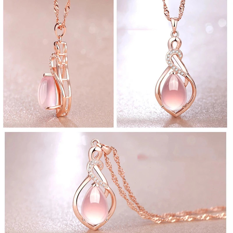 Natural Rose Stone Pendant Necklace Silver Jewelry Crystal Powder Water Drop Necklace For Women Gift