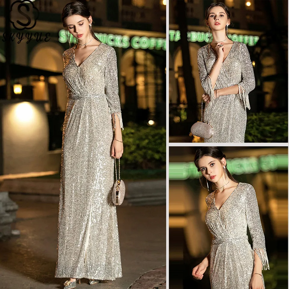 

Skyyue Evening Dresses V-Neck Tassel A-Line Plus Size Dress Woman Party Three Quarter Sleeve Sequined Robe De Soiree K019