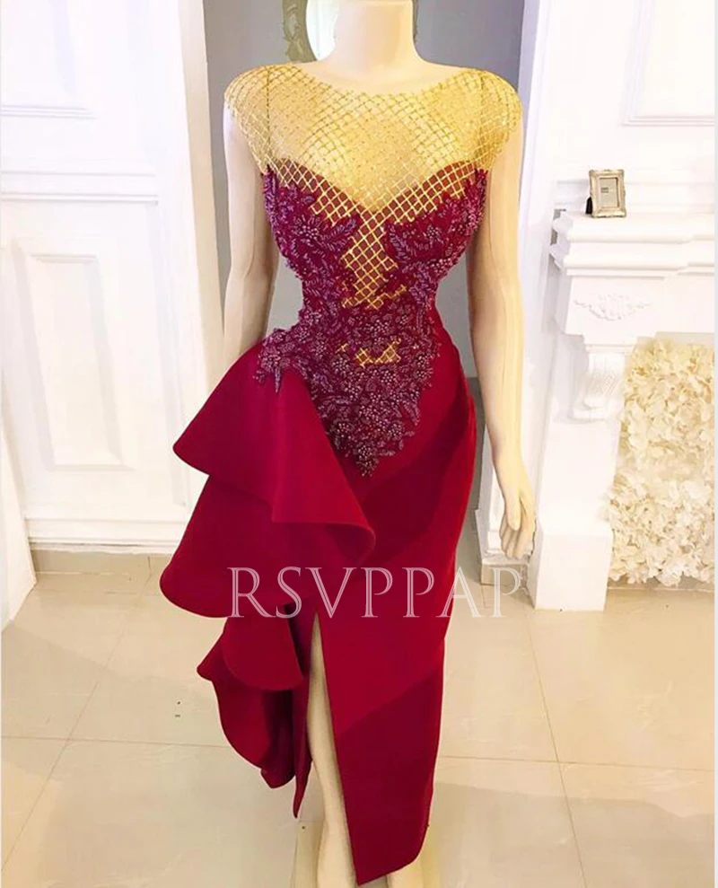

Burgundy Sheath Short Evening Dresses 2020 Sexy Slit Front Sheer Top Beaded Appliques Ruffles African Women Formal Evening Gown