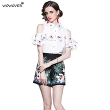 

Fashion Summer Runway 2 Piece Set 2021 New Designers Ruffles Off The Shoulder Blouse and Shorts Suit Holiday Casual Outfits