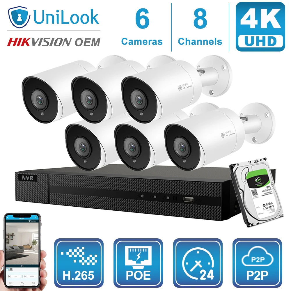 Hikvision OEM 8CH 4 к NVR 8MP пуля POE IP Камера 4/6/8 шт. открытый системы безопасности ONVIF H.265 CCTV NVR Наборы с 1/2/4 ТБ HDD - Цвет: 6 Bullet Cams Kit