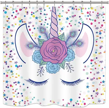 

Cute White Unicorn Shower Curtain Panel Magic Head Blue Pink Floral Twinkle Star Girls Kids Waterproof Fabric Bathroom Home