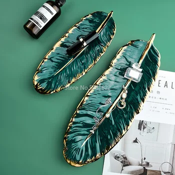 

Luxury Ceramic Platter Storage Tray with Glod Rim Green Leaf Glod Feather Jewelry Makeup Brush Storage Decorative Sushi Plate