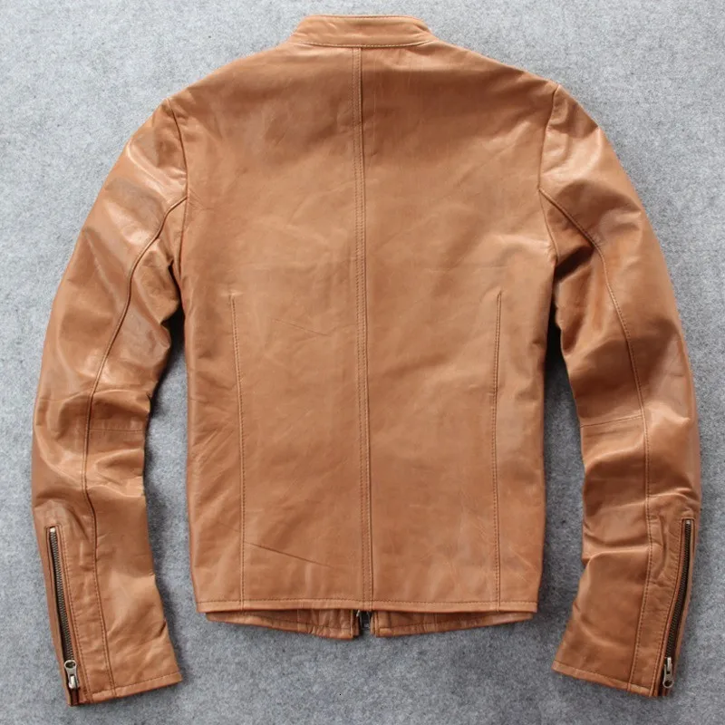 

Autumn New Japanese Leather Mens Moto Biker SheepSkin Slim Fit Stand Collar Short Clothing Leather Jacket Brown Zipper Coat