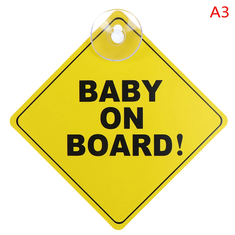 FLUORESCENT YELLOW car window sign with suction cups. BABY ON BOARD 
