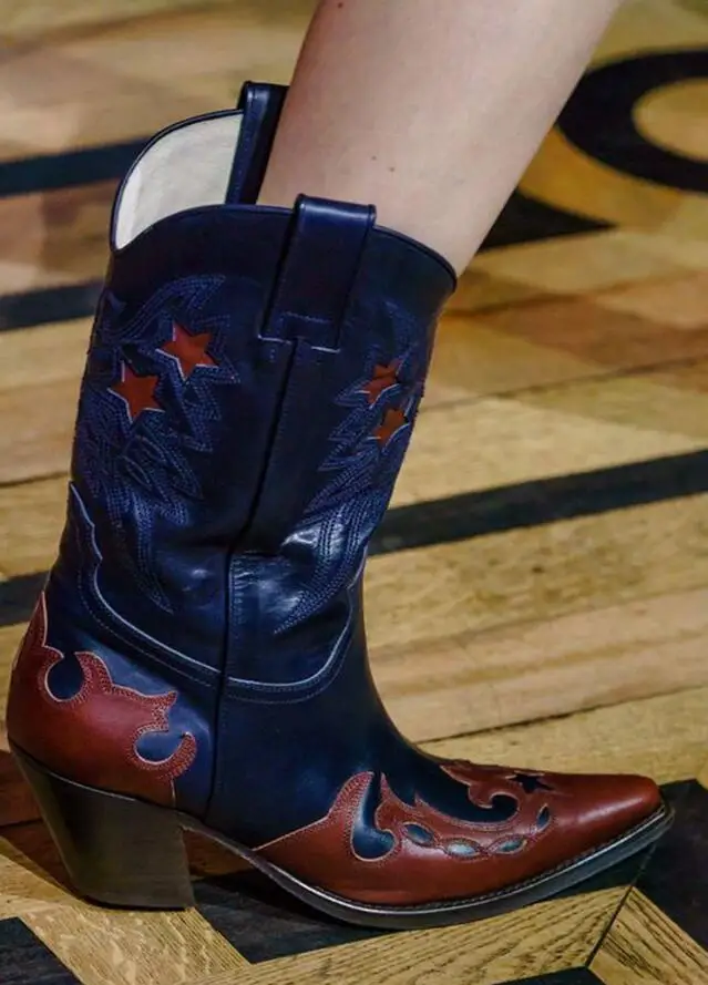 Buono Scarpe Western Women's Boots Embrodery Boots Cowboy Fretwork Retro Botas Fenimina Genuine Leather Stars Runway Women Boots - Цвет: mixed brown blue