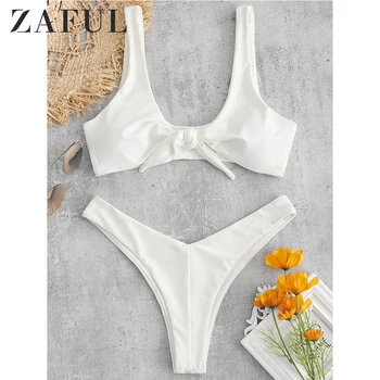 

ZAFUL Knotted Padded Thong Bikini Swimwear Women Mid Waisted Solid Scoop Neck Brazilian Swimsuit Beach Wear Bathing Suit Femme