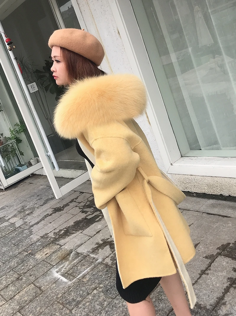 Women Wool Blend Coat fox Fur Collar Hooded jacket fashion new real fur coat long streetwear thick warm parka