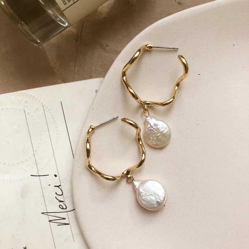INKDEW Korea Design Metal Gold Drop Earrings Baroque Irregular Circle Square Natural Freshwater Pearl Earrings for Women Girls - Окраска металла: 3