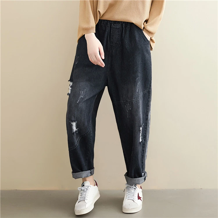 4627 черные рваные джинсы для женщин с дырками, Свободные повседневные джинсы-шаровары с боковыми полосками, женские джинсы размера плюс, широкие джинсы, Осенние