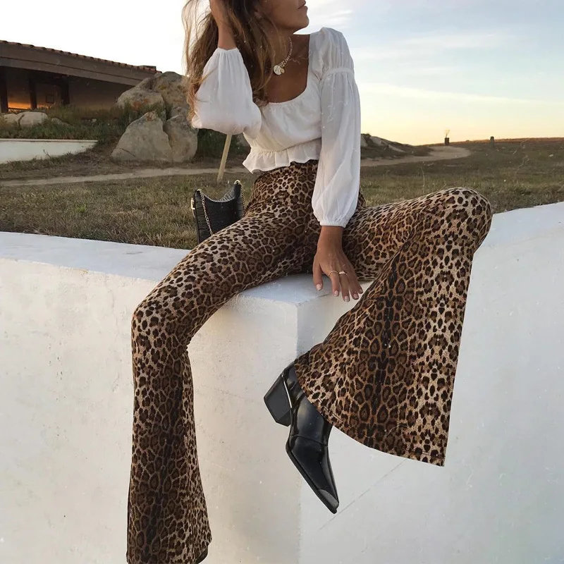 Women Fashion Stylish Slimming Pants Summer Elastic High Waist Leopard Bell Bottoms Clothing Female Casual Flared Long Trousers