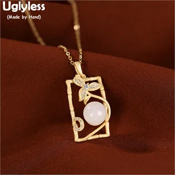 

Uglyless China Chic Hollow Square Jewelry Sets for Women 925 Silver Leaf Necklaces Earrings Jade Balls Gemstones P1054