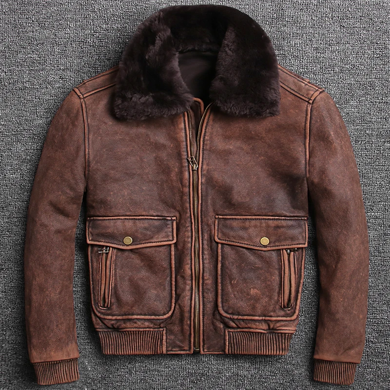Куртка-бомбер мужская кожаная с меховым воротником коричневая | Мужская одежда