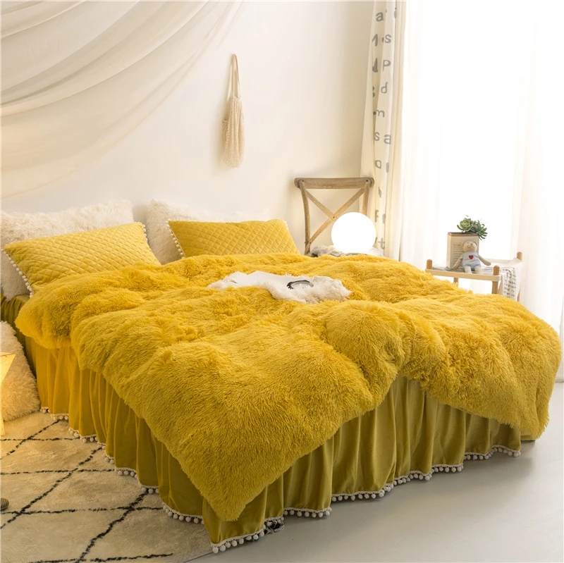 New Yellow Gray White Purple Plush Shaggy Mink Velvet Duvet Cover Quilted Pompoms Fringe Ruffles Bedskirt Pillowcase Bedding Set Bedding Sets Aliexpress