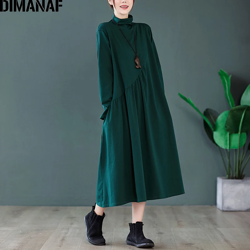 

DIMANAF Autumn Winter Plus Size Women Dress Long Sleeve Turtleneck Elegant Lady Vestidos Cotton Pleated Loose Female Clothing