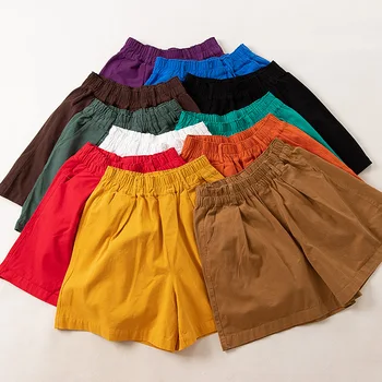 

Solid Color Cotton Casual Summer Elastic Waist Art Loose Wide Leg Pants Knee Lenghts Trousers Female Z2