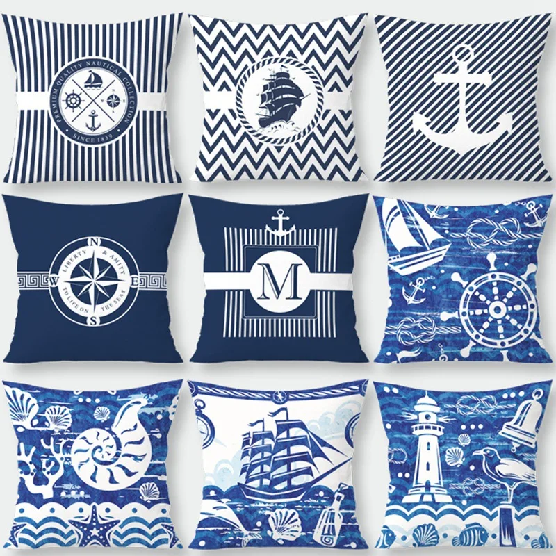 Sea Blue Compass Printed Cushion Cover Anchor Pattern Marine Ship Throw Pillow Case Decorative Pillowcase Cojines Almofadas