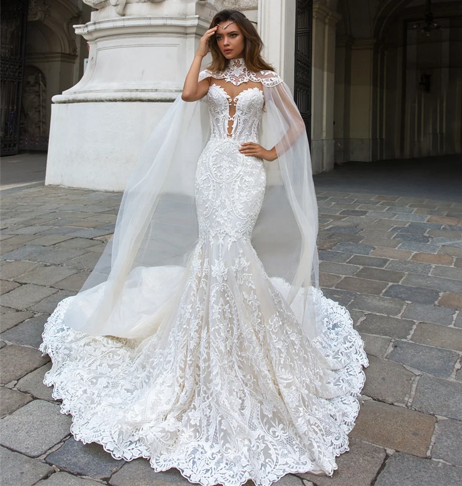 Скромное роскошное свадебное платье русалки robe de mariage, сексуальное кружевное свадебное платье, арабское свадебное платье с тюлевым шлейфом с накидкой