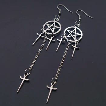Pentagram Swords Earrings Silver Plated Huggie Hoops Dangle Witchy Jewelry