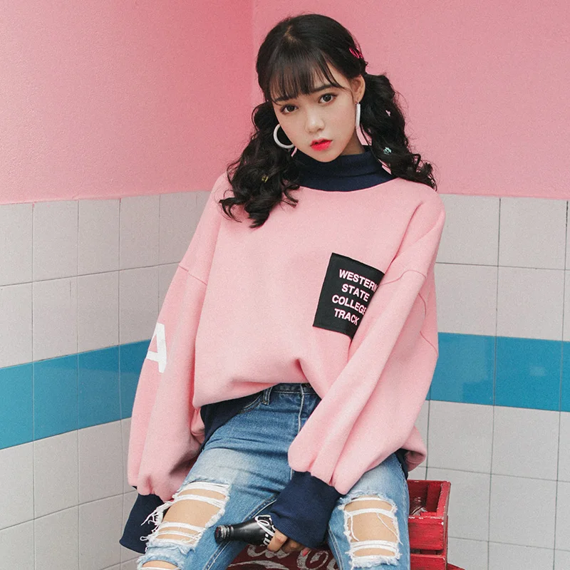 Ceny Ulzzang Preppy styl ponadgabarytowych luźna bluza kobiet śliczne topy zima koreański styl kobiety gruby różowy bluza Kawaii ubrania