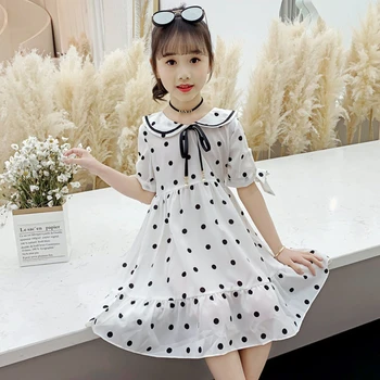 

2020 Girls Summer Dresses For Teens Polka Dot Chiffon Children's Princess Girl Dress Baby Fashion White Red Teenager Dress
