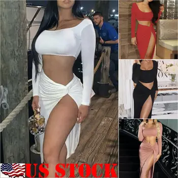 

Women Sexy Jumpsuit Long Sleeve Crop Top+Gypsy Hippie Skirts Clubwear Set 2PCS Fashion Autumn Spring Elegant Sunsuits Sundress