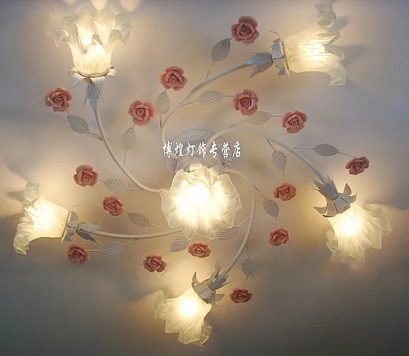 

European-style garden living room Romantic Restaurants white wrought iron pink ceramic flowers glass lampshade Ceiling Lamp c131