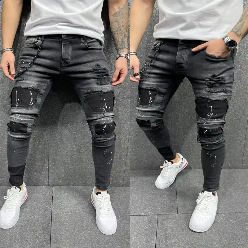 New Men Skinny Jeans Biker Destroyed Frayed Fit Denim Ripped Side Stripe Pencil Pants Hip Hop Streetwear Jeans S 4xl Jeans Aliexpress