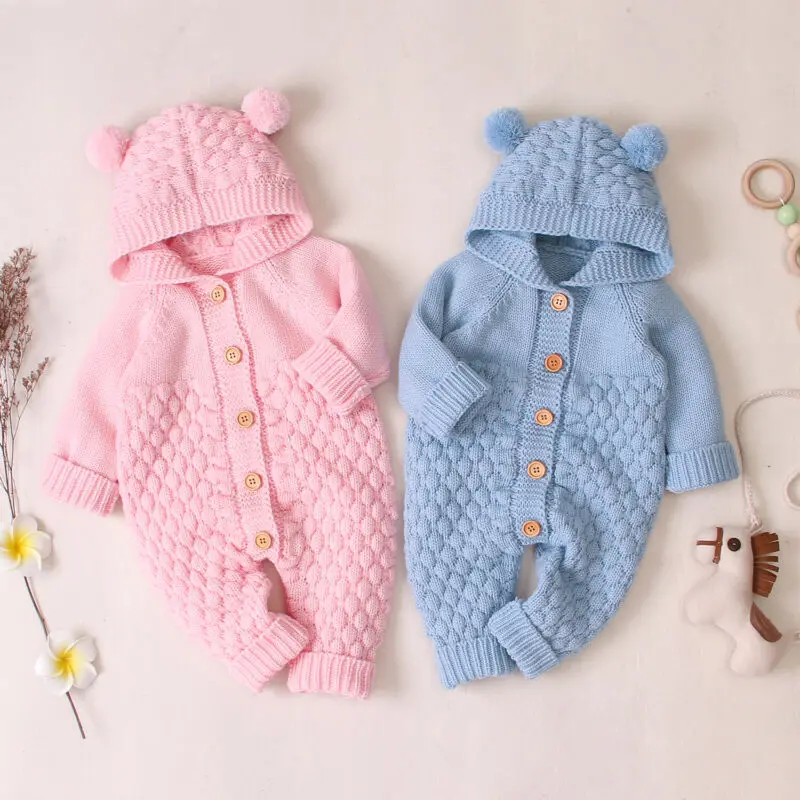 От 3 до 24 месяцев, осенне-зимний Вязаный комбинезон для новорожденных мальчиков и девочек с медвежьими ушками, шерстяной свитер с капюшоном комбинезон, теплая Милая одежда