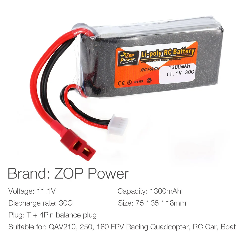 

ZOP Power 3S 11.1V 1300mAh 30C T Plug LiPo Battery for QAV250 H210 LS180 FPV Racing Quadcopter RC Car Boat