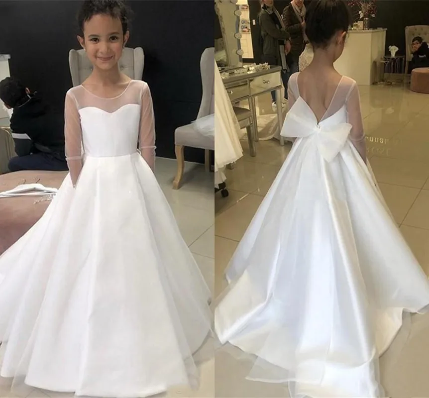 2020120 Flower Girl Dresses for Weddings Jewel Backless Long Sleeve Sweep Train Bow Child Birthday Party Gowns First Coummunion Dress