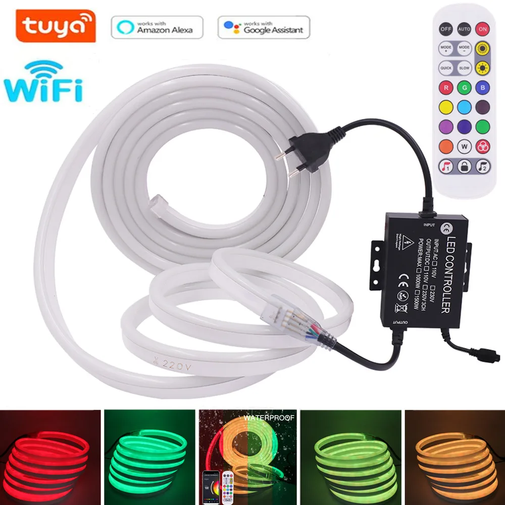 

220V 110V WIFI Smart Neon LED Strip Light 5050 SMD RGB Flexible String Tape Lamp With Remote 1500W IP67 Tube Waterproof Ribbon