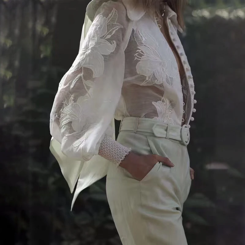 CHICEVER вышивка Лоскутная перспективная рубашка Женский Воротник с отворотом с рукавом-фонариком свободные женские топы и блузки новая мода