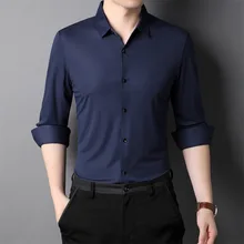 OIMG – chemise à manches longues pour homme, col à revers, Slim, couleur Pure, sans couture, soie de mûrier, soie de glace, automne