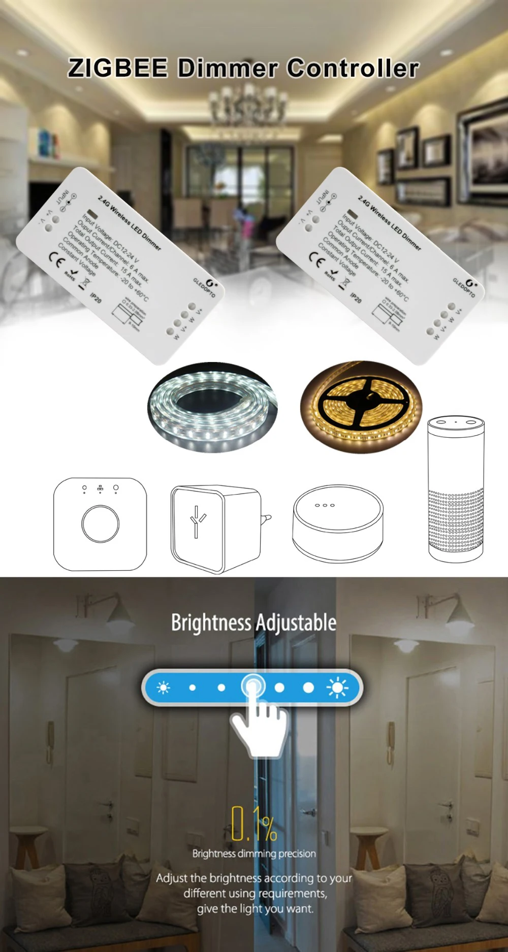 ZIGBEE samrt Светодиодная лента с диммером, контрольный Лер DC12/24 V zll, стандартный светодиодный приложение, голосовое управление, работа с echo plus