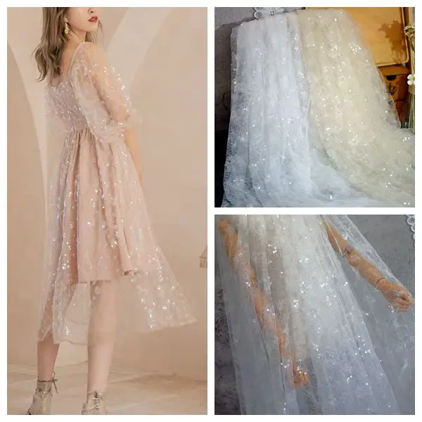 

2 метра, модная Высококачественная кружевная белая, абрикосовая сетка с блестками и вышивкой, Тюлевая кружевная ткань, свадебное платье, юбка, аксессуары для рукоделия