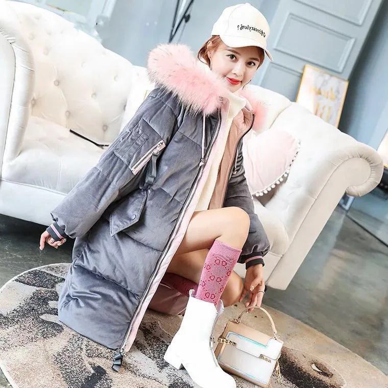 

Photo Shoot 2018 Winter New Style Fashion Gold Velvet Large Size Coat Women's Mid-length Large Fur Collar down Feather M Service