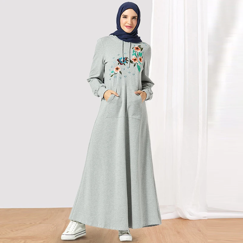 gray dress Siskakia, милая Женская толстовка, платье, шикарная Цветочная вышивка, макси платья, с капюшоном, с большим карманом, для бега, спортивная одежда, зимняя - Цвет: gray dress