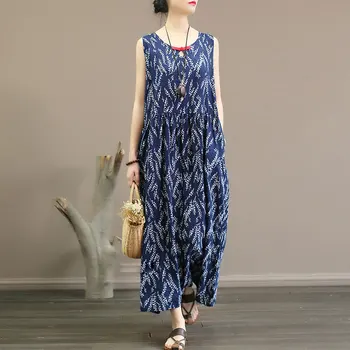 

Sleeveless Dress Summer Thin Floral Slub Cotton Temperament Waist Length And Ankle Vest Dress Inside