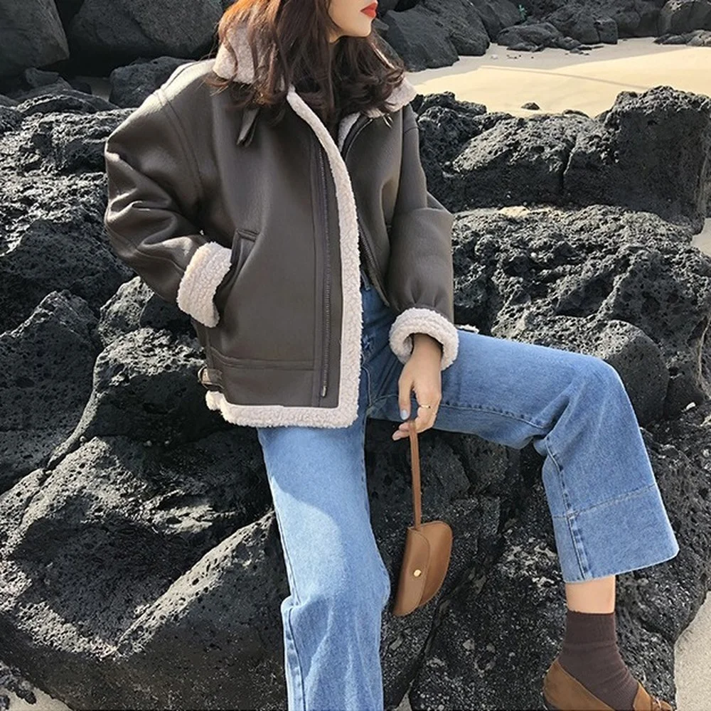 

Warm Coat Leather Vintage Long Sleeve Lapels Elegant Spliced Lamb Fur Loose Short Casual Street Motorcycle Beauty Autumn Winter