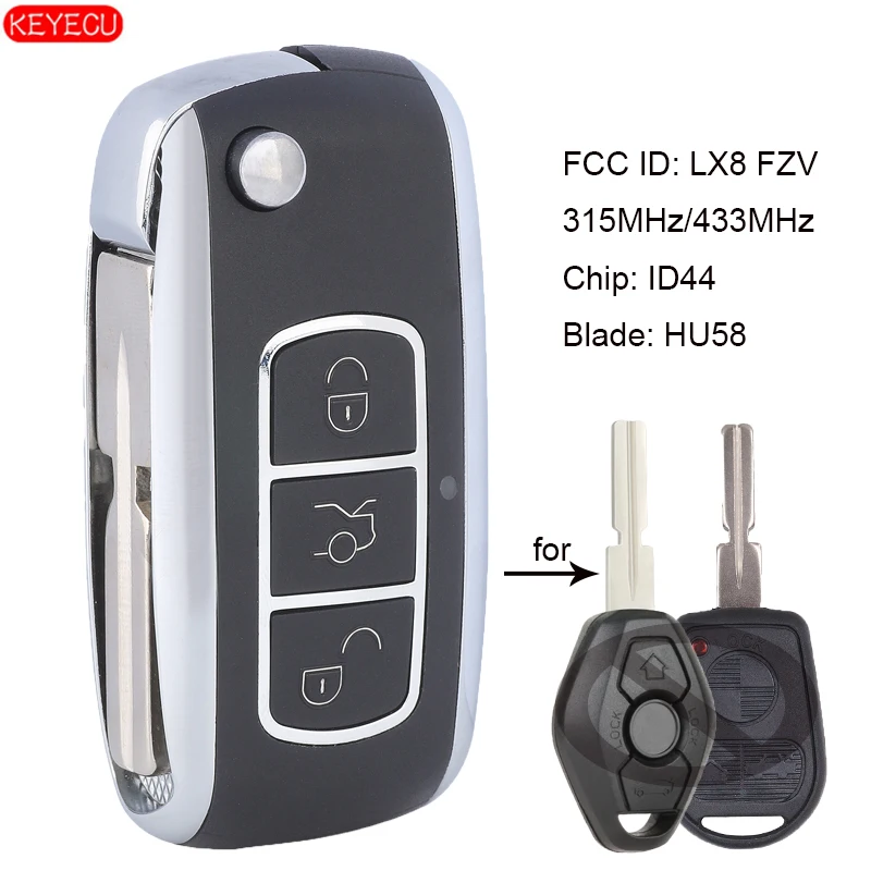 

KEYECU Free Programming Upgraded Remote Car Key 3 Button Fob 315/433MHz ID44 for BMW EWS 1995-2005 FCC ID: LX8 FZV HU58 Blade