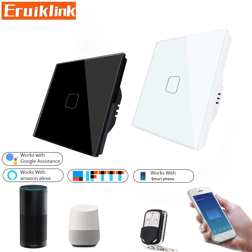 

EU/UK Standard WIFI Control Touch Switch,1/2/3 gang 1 way White Glass panel RF433 Remote Tuya APP Light Switch for Smart Home