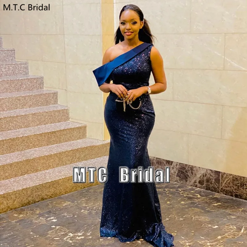Navy Blue Mermaid Bridesmaid Dresses Long One Shoulder