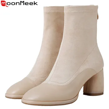 

MoonMeek 2020 new ankle boots women square toe stretch+genuine leather boots thick high heels shoes womens autumn winter boots