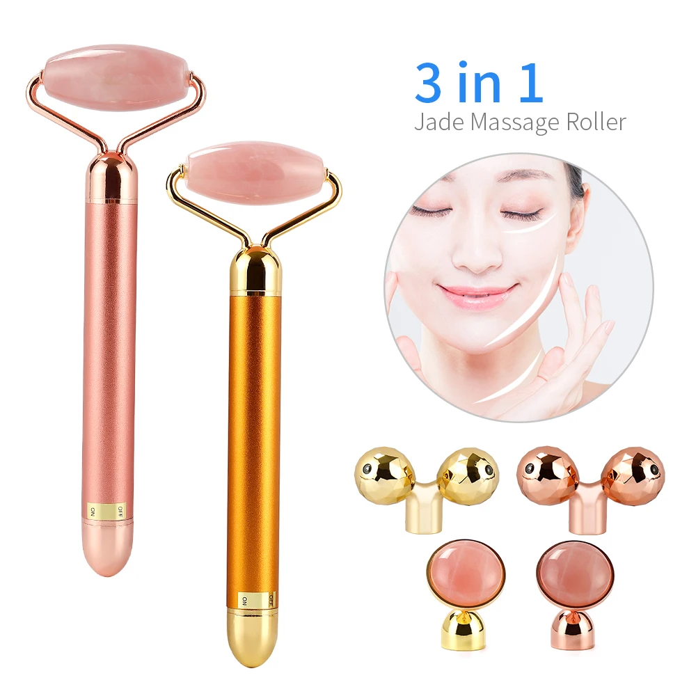 3 In 1 Electric Vibrating Natural Rose Quartz Jade Roller Face Lifting