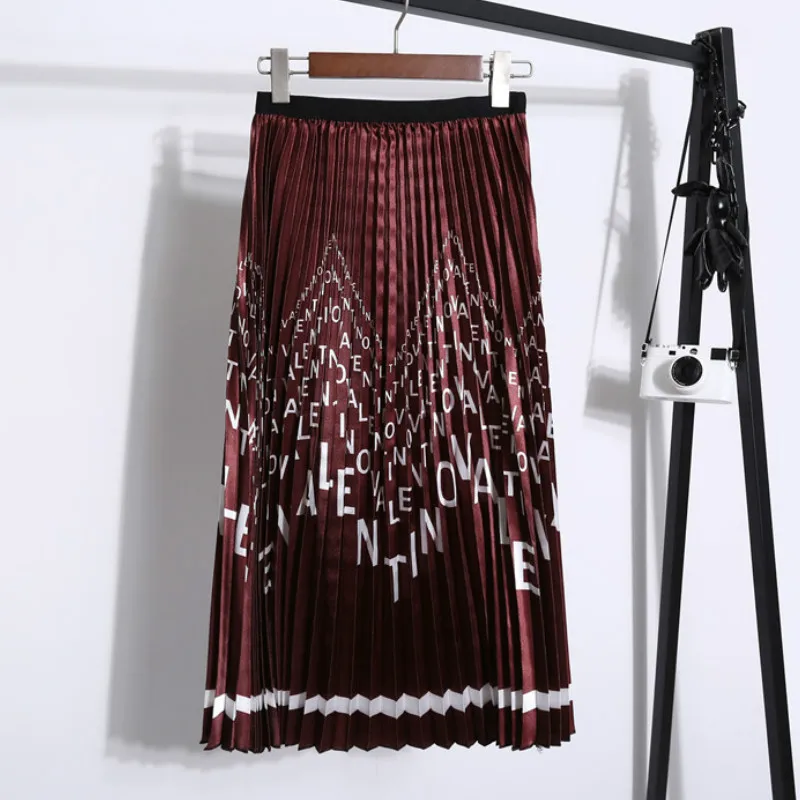 Лето осень Новое поступление Европейский мультфильм шаблон высокая эластичность плиссированная юбка высокий уличный стиль трапециевидной формы до середины икры юбки