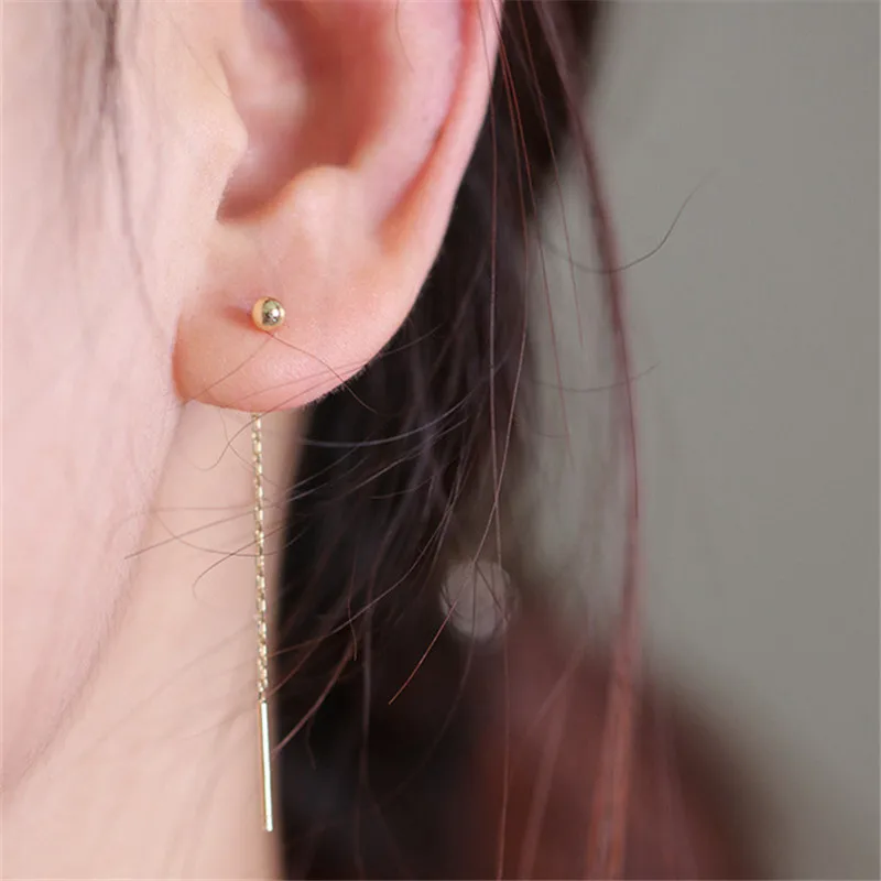 925 Sterling Silver 14K Gold Plating Round Bead Stud Earrings Women Long Line Tassel Earrings Temperament Wedding Jewelry